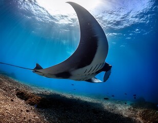 Underwater Majesty: A Manta Ray Glides Through the Ocean's Depths, Bathed in Sunlight from Above near the seabed.