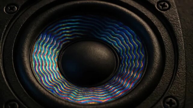 Close up of speaker cone with detailed texture and circular design featuring colorful light reflections and wavy sound patterns in dark environment showcasing audio equipment close up pattern
