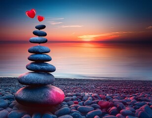 Zenith of Love: Balanced Stones and Hearts at Sunset Beach, a Romantic Meditative Scene