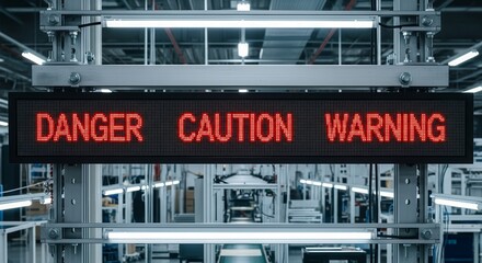 Industrial Warning Sign Displaying Red Alert Messages In A Modern Factory Setting