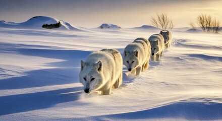 A pack of Arctic wolves navigating snow drift after blizzard