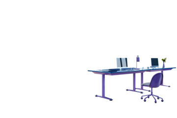 Dual workstation office desk with laptops, lamp, chair, and accessories in clean modern style on white background. 3D Rendering