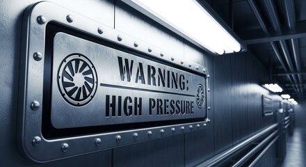 Industrial Warning Sign: High Pressure Indication in Metallic Corridor Design