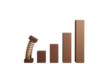 Wooden bar chart with a spring-loaded block bouncing upwards, in clean 3D rendering style, isolated on white background, symbolizing breakthrough