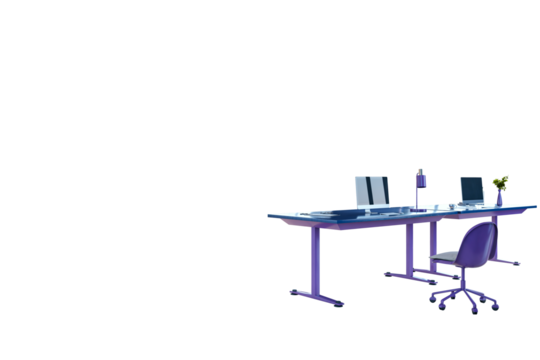 Dual workstation office desk with laptops, lamp, chair, and accessories in clean modern style on white background. 3D Rendering