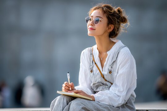 Woman writing in notebook while having a thoughtful moment outdoors