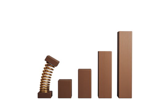 Wooden bar chart with a spring-loaded block bouncing upwards, in clean 3D rendering style, isolated on white background, symbolizing breakthrough
