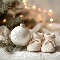 Knitted baby booties and white Christmas ball with pine branch on snowy background with bokeh lights for first Christmas concept