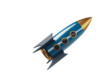 Blue and gold rocket spaceship icon in 3D Rendering style, isolated on white background. Concept of startup launch, growth, and business success