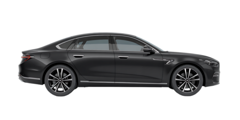 Sleek black sedan car isolated on black background for automotive marketing