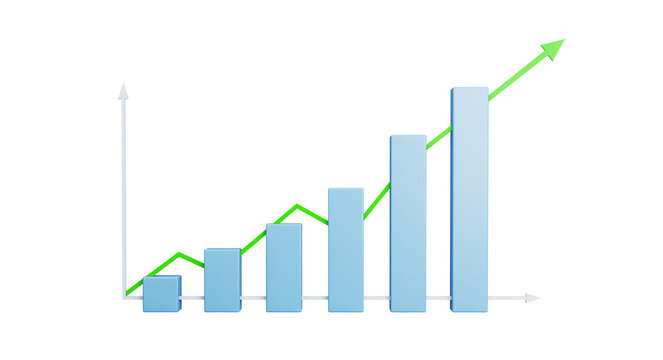 Blue bar chart with green arrow showing uptrend growth, 3D Rendering, isolated on white background, concept of success and progress