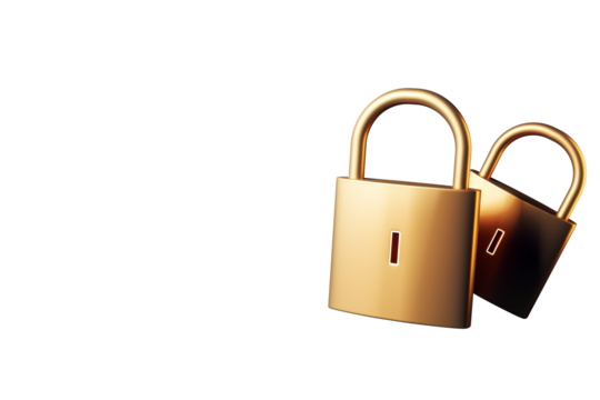 Two golden padlocks representing data security and privacy protection in a modern 3D Rendering style on a white isolated background - Powered by Adobe