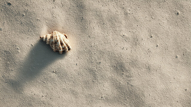 A solitary, ribbed seashell rests gracefully on fine, textured sand, bathed in natural sunlight, casting a distinct shadow.