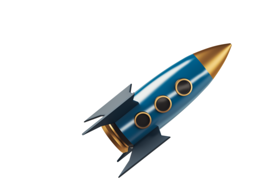 Blue and gold rocket spaceship icon in 3D Rendering style, isolated on white background. Concept of startup launch, growth, and business success