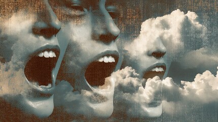 Multiple faces express emotions through open mouths and dark clouds in a surreal artwork