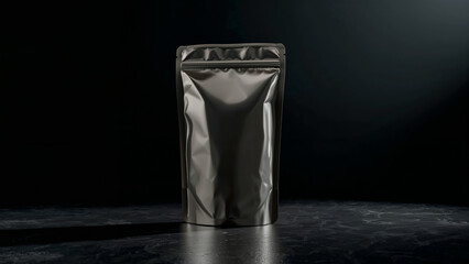 Sleek Black Package Standing on Dark Marble in Studio Lighting