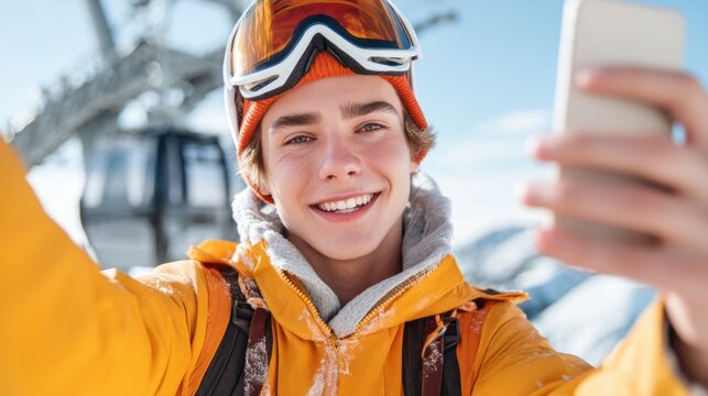A young man wearing an orange jacket and ski goggles smiles while taking a selfie on a bright, sunny day in the mountains. His excitement captures the thrill of the winter sports experience