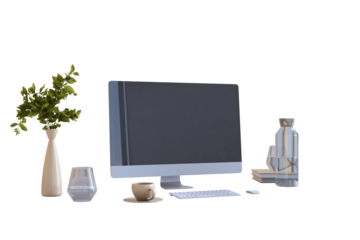 Desktop computer screen mockup with keyboard, mouse, glass, coffee cup, books, and vase with plant on white background. 3D Rendering