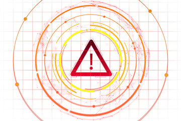 Red warning alert icon with exclamation mark, modern graphic style, on white digital grid background. Concept of caution, hazard, or alert. 3D Rendering