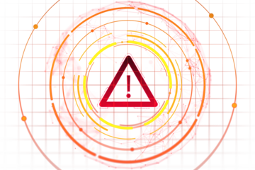Red warning alert icon with exclamation mark, modern graphic style, on white digital grid background. Concept of caution, hazard, or alert. 3D Rendering
