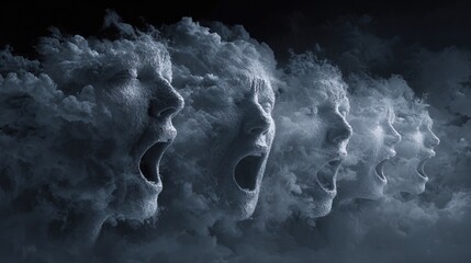 Expressions of anguish emerge from swirling clouds in a dramatic scene of fear and emotion