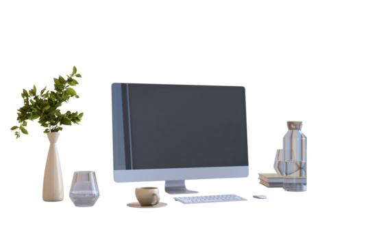 Desktop computer screen mockup with keyboard, mouse, glass, coffee cup, books, and vase with plant on white background. 3D Rendering