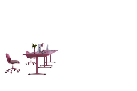 Pink office desks with rolling chairs, desktop monitors, and desk accessories in modern design style isolated on white background. 3D Rendering