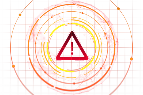Red warning alert icon with exclamation mark, modern graphic style, on white digital grid background. Concept of caution, hazard, or alert. 3D Rendering