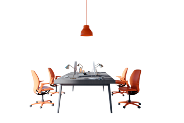 Contemporary office desk setup with orange chairs, monitors, lamps and accessories in a clean layout on a white background. 3D Rendering