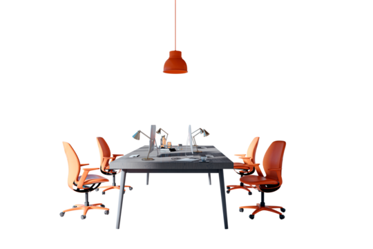 Contemporary office desk setup with orange chairs, monitors, lamps and accessories in a clean layout on a white background. 3D Rendering