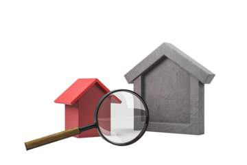 Red and gray stylized house symbols with magnifying glass, clean graphic layout on isolated white background. Concept of home search or analysis. 3D Rendering