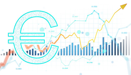 Euro currency symbol with financial chart, modern graphic style on white background. Concept of digital market, investment and growth. 3D Rendering
