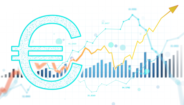 Euro currency symbol with financial chart, modern graphic style on white background. Concept of digital market, investment and growth. 3D Rendering