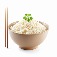 Bowl of steamed white rice with fresh parsley garnish and wooden chopsticks isolated on white background