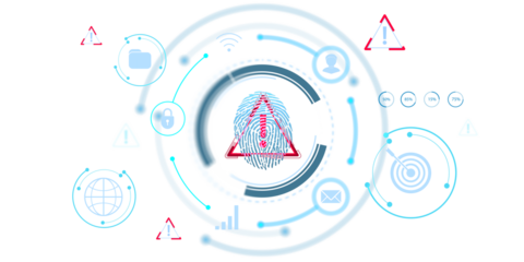 Digital fingerprint and alert symbol with futuristic icons including lock, email, and globe, on white background. Concept of cybersecurity warning. 3D Rendering