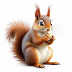 Charming 3d rendered squirrel with bushy tail holding a nut, isolated on white background
