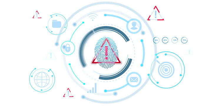 Digital fingerprint and alert symbol with futuristic icons including lock, email, and globe, on white background. Concept of cybersecurity warning. 3D Rendering