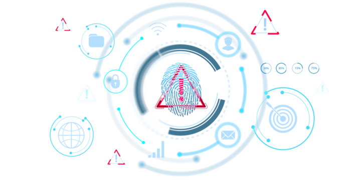 Digital fingerprint and alert symbol with futuristic icons including lock, email, and globe, on white background. Concept of cybersecurity warning. 3D Rendering