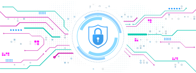 Shield padlock icon in a digital circuit design with modern elements on a white tech background. Concept of cybersecurity and data safety. 3D Rendering