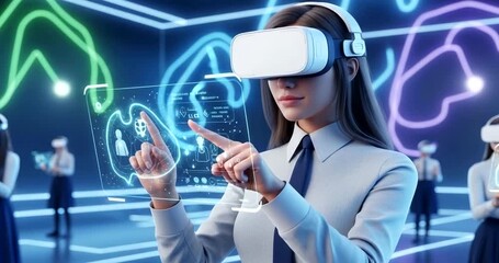 Woman in vr headset interacting with digital interface in metaverse environment - Powered by Adobe