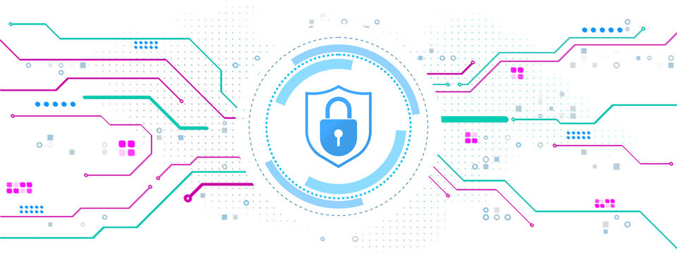 Shield padlock icon in a digital circuit design with modern elements on a white tech background. Concept of cybersecurity and data safety. 3D Rendering
