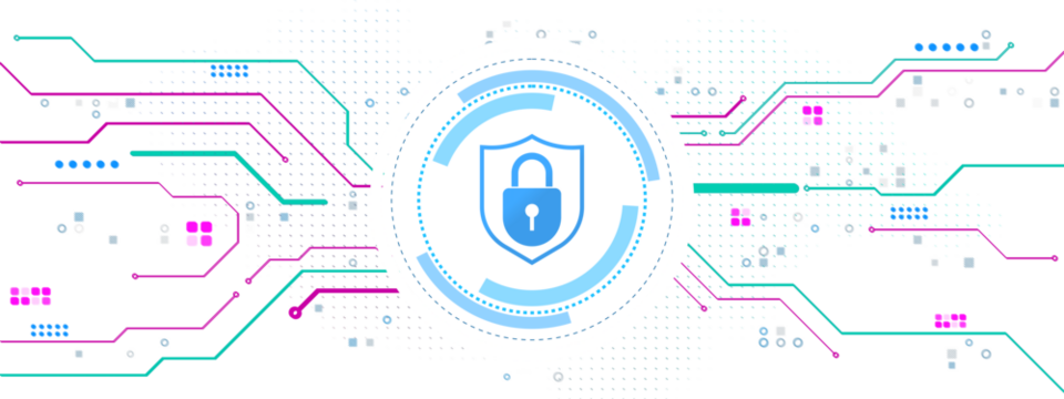 Shield padlock icon in a digital circuit design with modern elements on a white tech background. Concept of cybersecurity and data safety. 3D Rendering