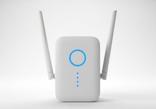 Modern white wifi extender with blue led light and dual antennas