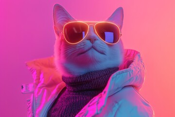 Cool cat wearing sunglasses poses confidently against a vibrant pink and purple background