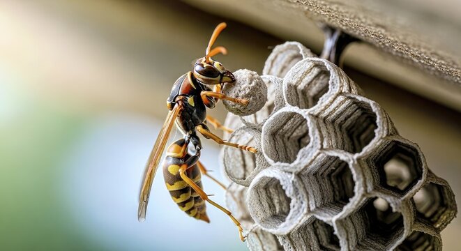 A paper wasp adding pulp to its intricate, hexagonal paper nest 2