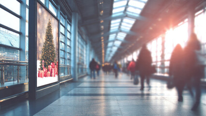 Blurred modern hallway with people passing a vibrant Christmas billboard. A festive tree and presents are illuminated by natural light.