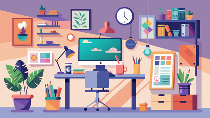 A colorful office space with a computer monitor, a clock, and a potted plant. The room is well-lit and has a modern, creative vibe