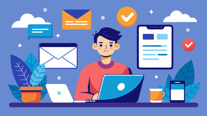 A man is sitting at a desk with a laptop and a cup of coffee. He is surrounded by various items such as a potted plant, a cell phone, a keyboard, and a mouse