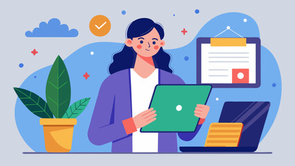 A woman is sitting at a desk with a laptop and a potted plant. She is smiling and holding a tablet. Concept of productivity and a positive work environment