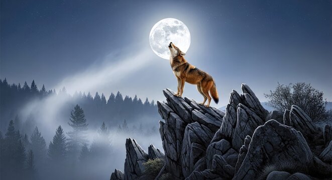 A red-wolf howling on ridge at full moon with mist below 1